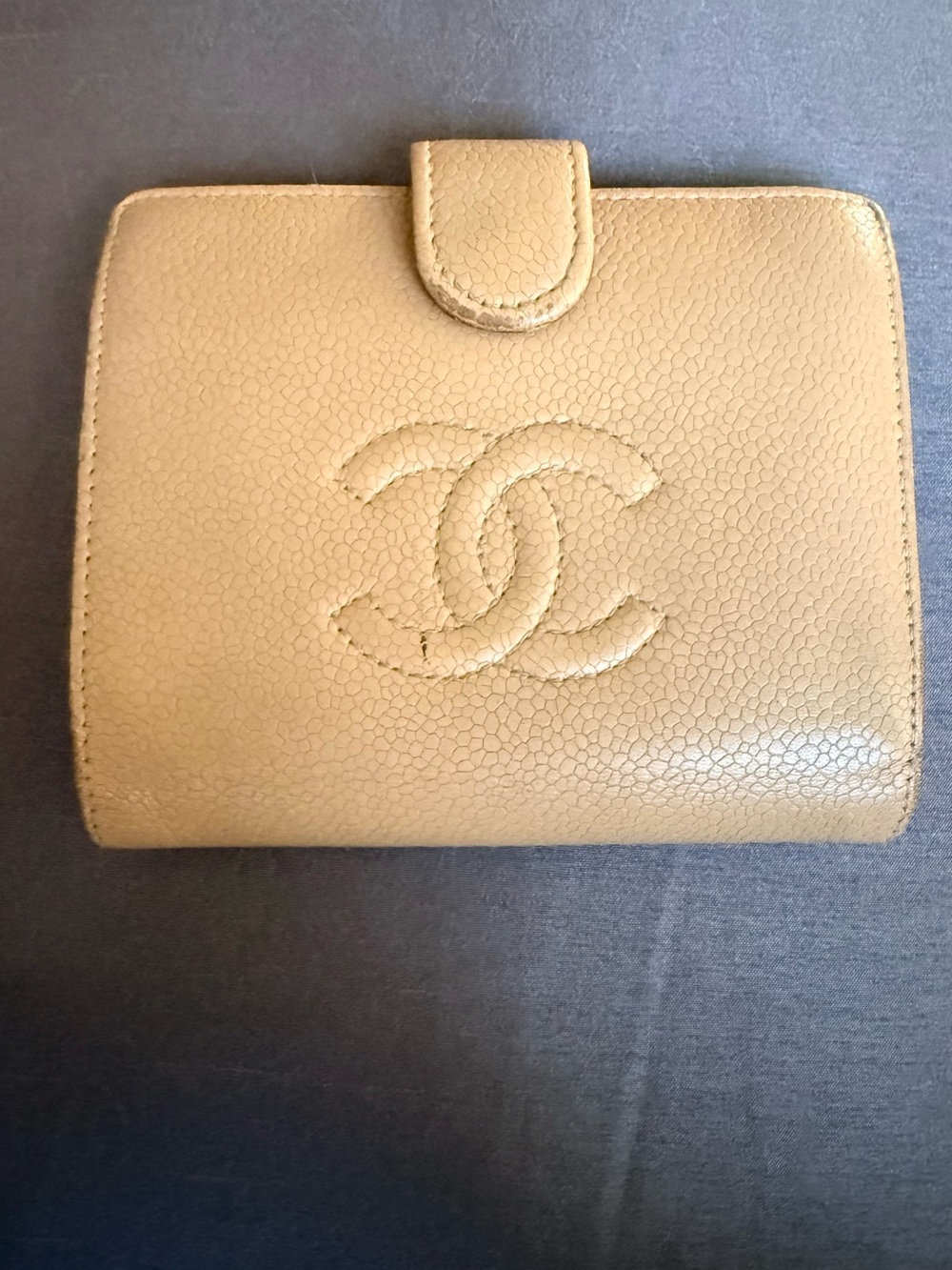 CHANEL Tan Quilted Caviar Leather Wallet with CC Logo